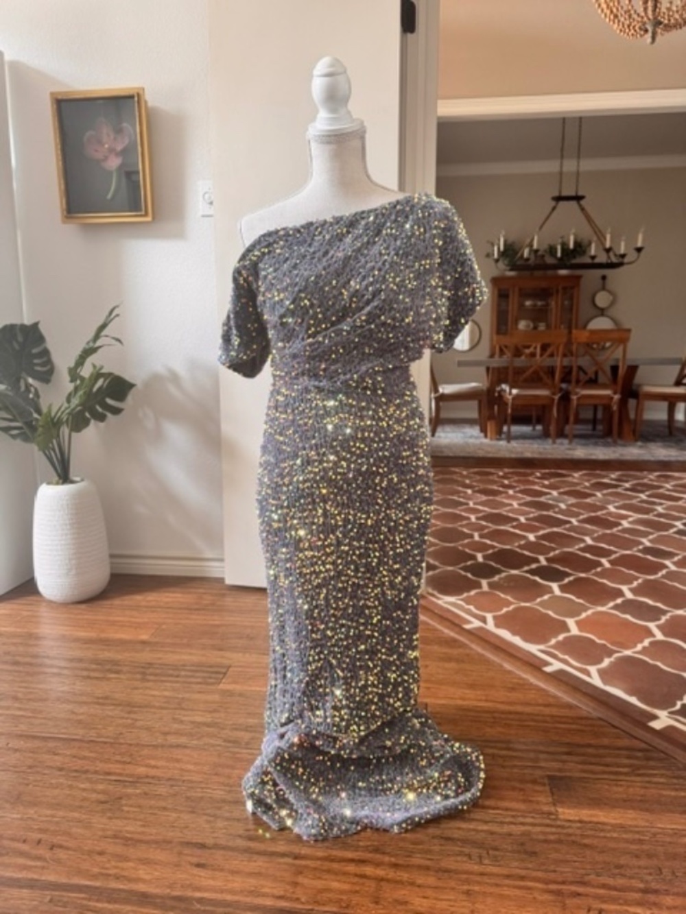 Charcoal Grey One-Shoulder Sequin Formal Evening Gown - Size 8